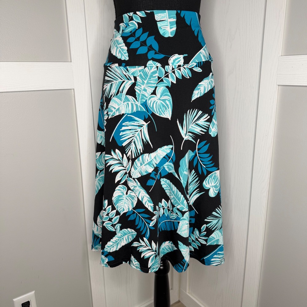 Elizabeth & Nicole Midi Skirt Women XLarge Teal Blue Tropical Palm Leaf Stretch